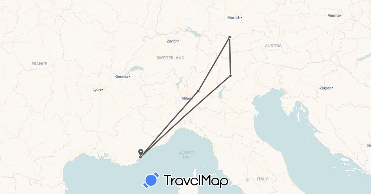 TravelMap itinerary: motorbike in Germany, France, Italy (Europe)